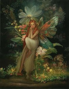 a painting of a fairy sitting on top of flowers