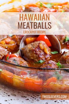 hawaiian meatballs crockpot recipe in a glass casserole dish with a spoon