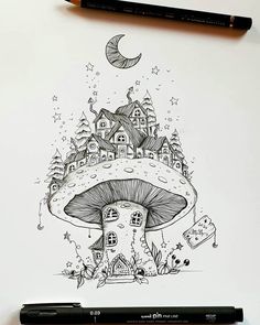 a pencil drawing of a mushroom house