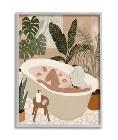 a painting of a woman in a bathtub surrounded by plants