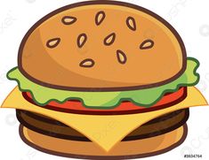 a cartoon hamburger with lettuce and tomato on it's bun, ready to be eaten