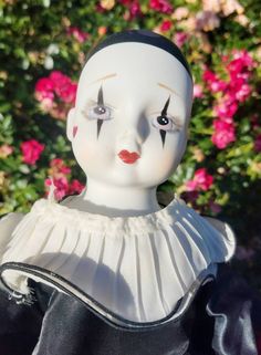 a white doll with black hair and blue eyes