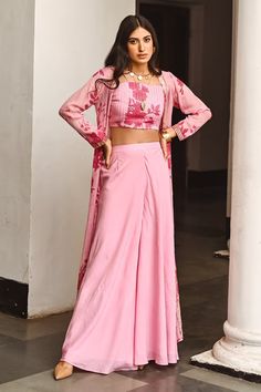 Pink Georgette Floral Print Jacket Palazzo Set paired with Embroidered Crop Top Crop Top And Palazzo Pants Indian, Floral Print Jacket, Cape Designs, Floral Print Crop Top, Gota Work, Strappy Crop Top, Embroidered Crop Tops, Palazzo Pant, Palazzo Set