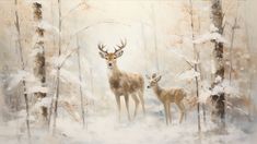 two deer standing in the middle of a forest with snow on it's ground