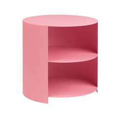 a pink round shelf with two shelves on each side and one section missing from the top