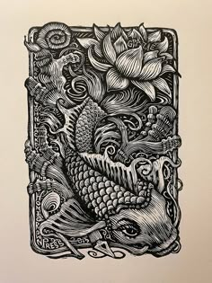 a black and white drawing of fish, flowers, and swirls in a square frame