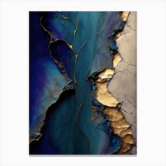 an abstract painting with gold and blue colors