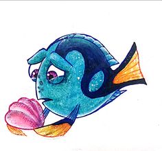 a drawing of a blue fish holding a pink object