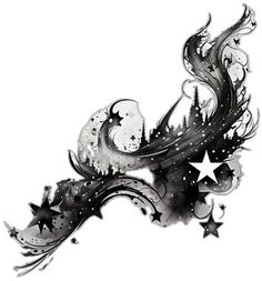 an artistic tattoo design with stars and swirls on the side, in black and white