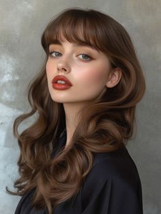 Glam Hairstyles With Bangs, Retro Curtain Bangs, Vintage Bangs Hairstyles, Vintage Hair With Bangs, Hollywood Waves With Bangs, Vintage Hairstyles With Bangs, Long Hair With Curtain Bangs, Big Curls For Long Hair, Bang Styles