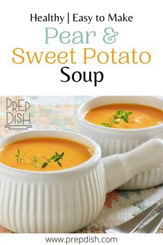 two white bowls filled with soup on top of a table