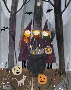 an image of halloween scene with witches and pumpkins