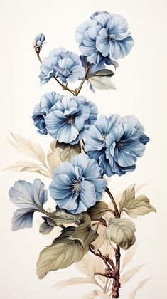 an illustration of blue flowers with green leaves on a white background in the style of watercolor painting