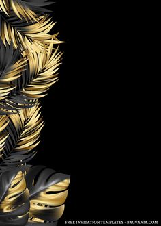 a black and gold background with feathers on the bottom right corner is an elegant design