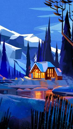 a painting of a cabin in the woods at night