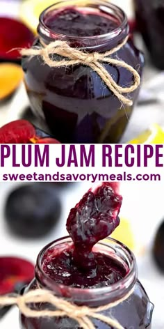 plum jam recipe in a jar with blueberries and raspberries on the side