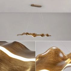 the light fixture is made out of wood and has an unusual design that looks like waves