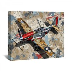 an old airplane painted on canvas with paint splatters