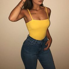 Kyla Cami Bodysuit(Yellow) Yellow Outfits, Cami Bodysuit, Drawstring Dresses, Yellow Outfit, Trendy Swimwear, Ladies Dress Design, Baddie Outfits, Outfits Casuales, Cute Fits