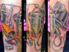 three different views of the same tattoo on someone's arm, one with an iv and