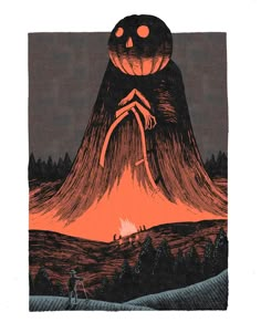 an orange and black drawing of a pumpkin on top of a mountain