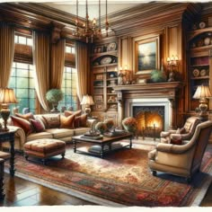 a drawing of a living room with couches, chairs and a fireplace in it