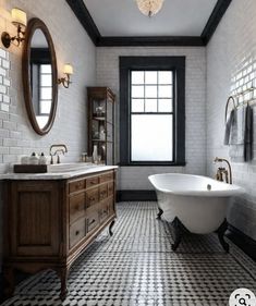 a bathroom with black and white checkered flooring, a claw foot bathtub