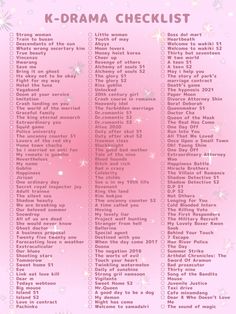 the k - drama checklist is shown in pink with stars and snowflakes