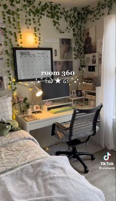 a bedroom with a desk, chair and bed covered in ivys on the wall