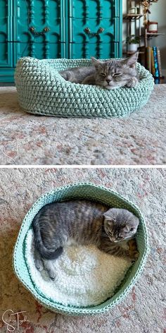 two pictures of a cat sleeping in a bed on the floor