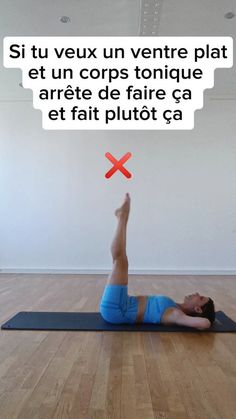 a woman is doing yoga on a mat with the words in french above her head