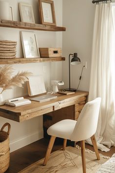 a white chair sitting in front of a wooden desk