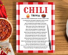 a chili trivia next to a bowl of chili