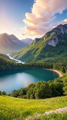 a lake surrounded by lush green mountains under a cloudy blue sky with pink flowers in the foreground