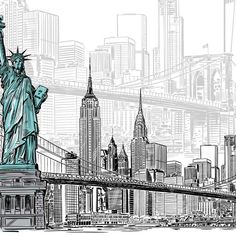 the statue of liberty and new york city skyline in black and white, drawn by hand