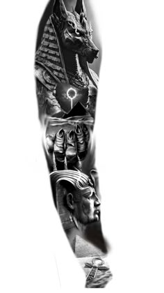 black and white photo of an arm tattoo with egyptian symbols on the left side of the arm