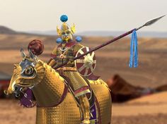 a man riding on the back of a brown horse next to a desert area with mountains in the background