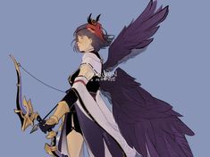 an anime character holding a bow and arrow in her right hand, with wings outstretched