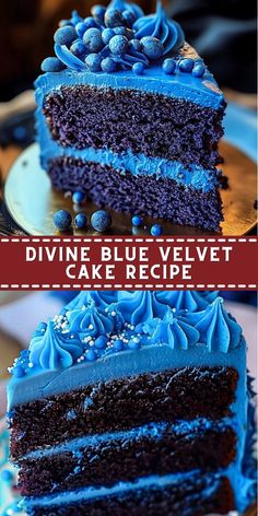 two different pictures of a blue velvet cake