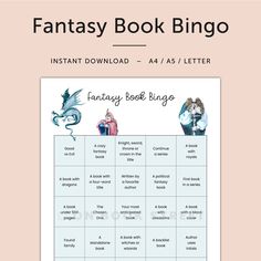 Use this printable fantasy book bingo sheet to help you decide which book to read next. You can aim for just one bingo or try to complete multiple rows, it's completely up to you. Happy reading! ➔  PDF file ➔  Super simple download ➔  Print at home, online, or at your local print shop // INCLUDED SIZES ◆ A4 - 8.3 x 11.7 in / 210 x 297 mm ◆ A5 - 5.8 x 8.3 in / 148 x 210 mm ◆ Letter - 8.5 x 11 in / 216 x 279 mm // YOU MAY ALSO LIKE ♡ Reading Challenges:  https://www.etsy.com/listing/1356839288/ ♡ Fantasy Reading Challenge, Tbr Game, Reading Bingo, What To Read Next, Bingo Sheets, Book Prompts, Bingo Printable