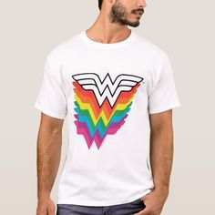 Wonder Woman Layered Rainbow Logo T-shirt, Men's, Size: Adult L, White Gender: male. Dc Pride, Rainbow Logo, Iconic Logo, Logo T Shirt, Tshirt Logo, Rainbow Colors