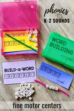 the word building game is shown in three different colors