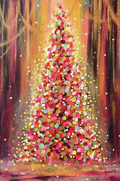 a painting of a brightly colored christmas tree in the middle of a forest with gold, red and green confetti