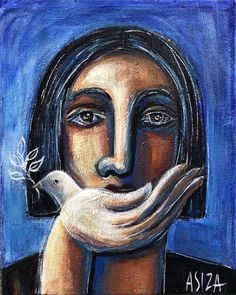 a painting of a woman's face with a dove in her hand and the words asiza on it