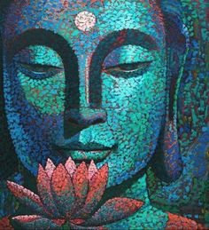 a painting of a buddha face with a flower in his hand and eyes closed to the side