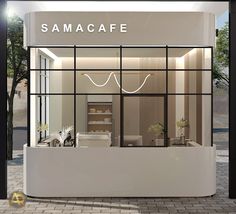 a white store front with the words samcafe on it's side window