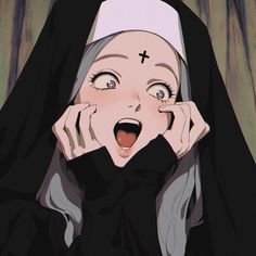 a nun holding her hands to her face and making a funny face with her mouth open