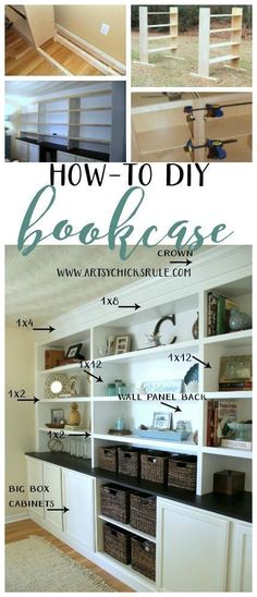 a white bookcase with black shelves and wicker baskets on top, labeled diy bookcase tutorial