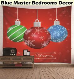 Christmas Bedroom Decor, Christmas Master Bedroom Decor Merry Christmas 3 Christmas Balls with Snowflakes Green Red Blue 300x260cm Blue And White Bedding, Bedroom Decor Christmas, Christmas Bedroom Decor, Blue Bedroom Design, Blue Bedroom Decor, Calming Spaces, Chevron Wall