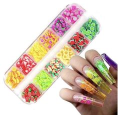 Fruit Nail Designs, Clay Fruit, Clear Nail Tips, Fruit Nails, Fruit Nail, Unicorn Birthday Party Decorations, Fruit Slices, Fruit Slice